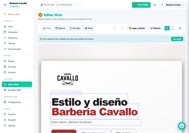 Editar Web de Toolky: la vista previa del sitio con los textos resaltados para editar