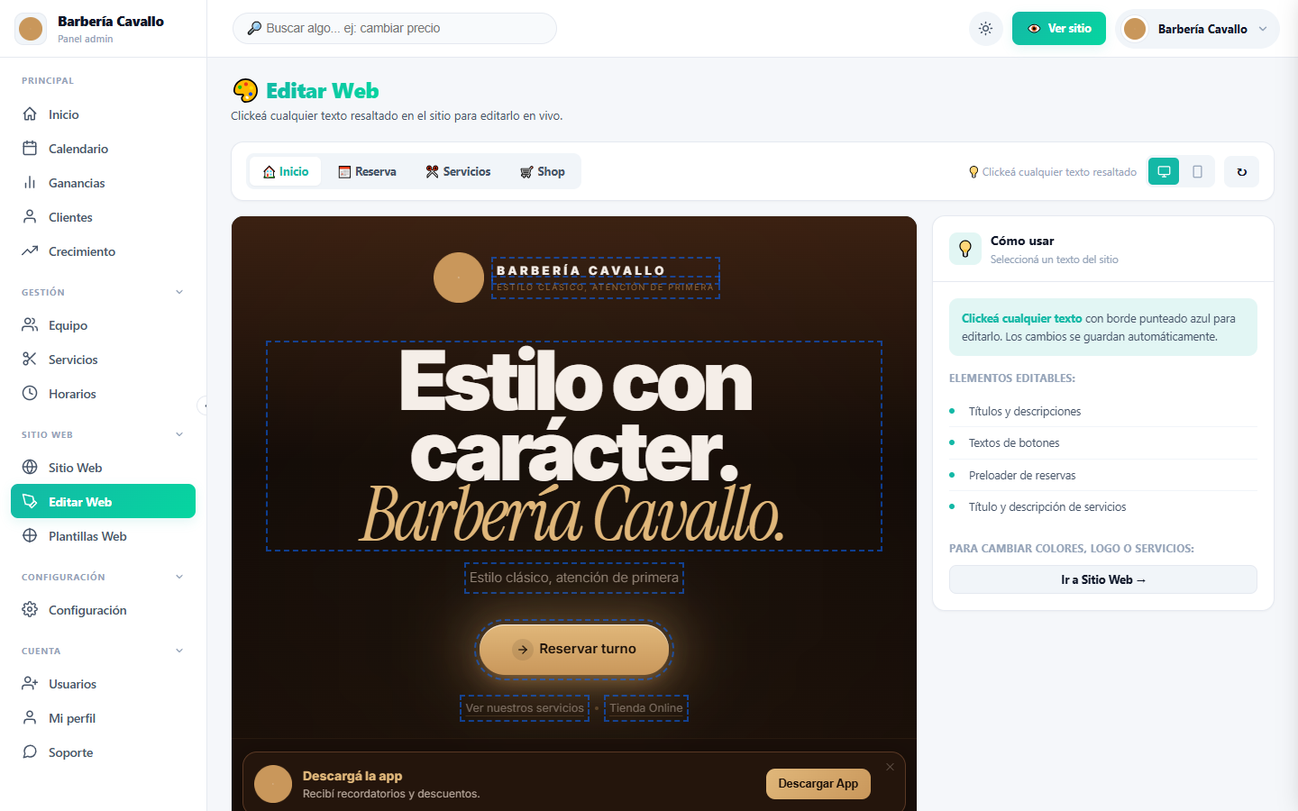 Editor visual en vivo: clickeá cualquier texto del sitio para editarlo